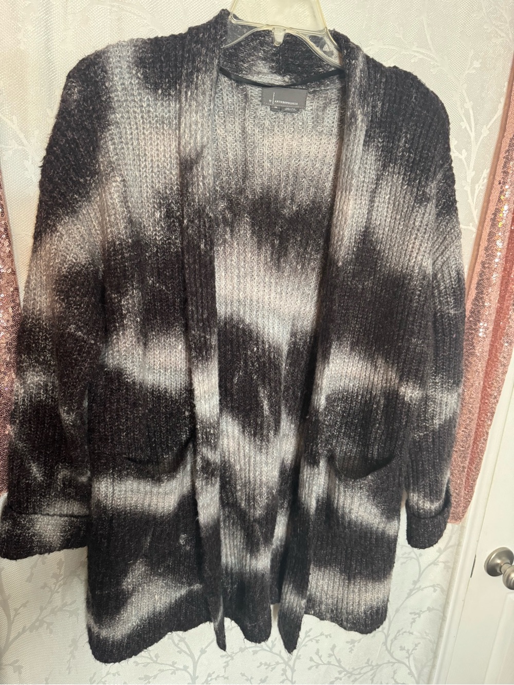 Anthropologie Black and Gray Tie-Dye Open-Front Cardigan